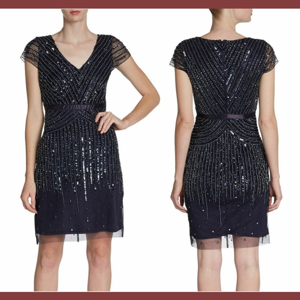 NEW Adrianna Papell Mesh Overlay Embellished Dress in‎ Navy Blue [SZ 6 ]